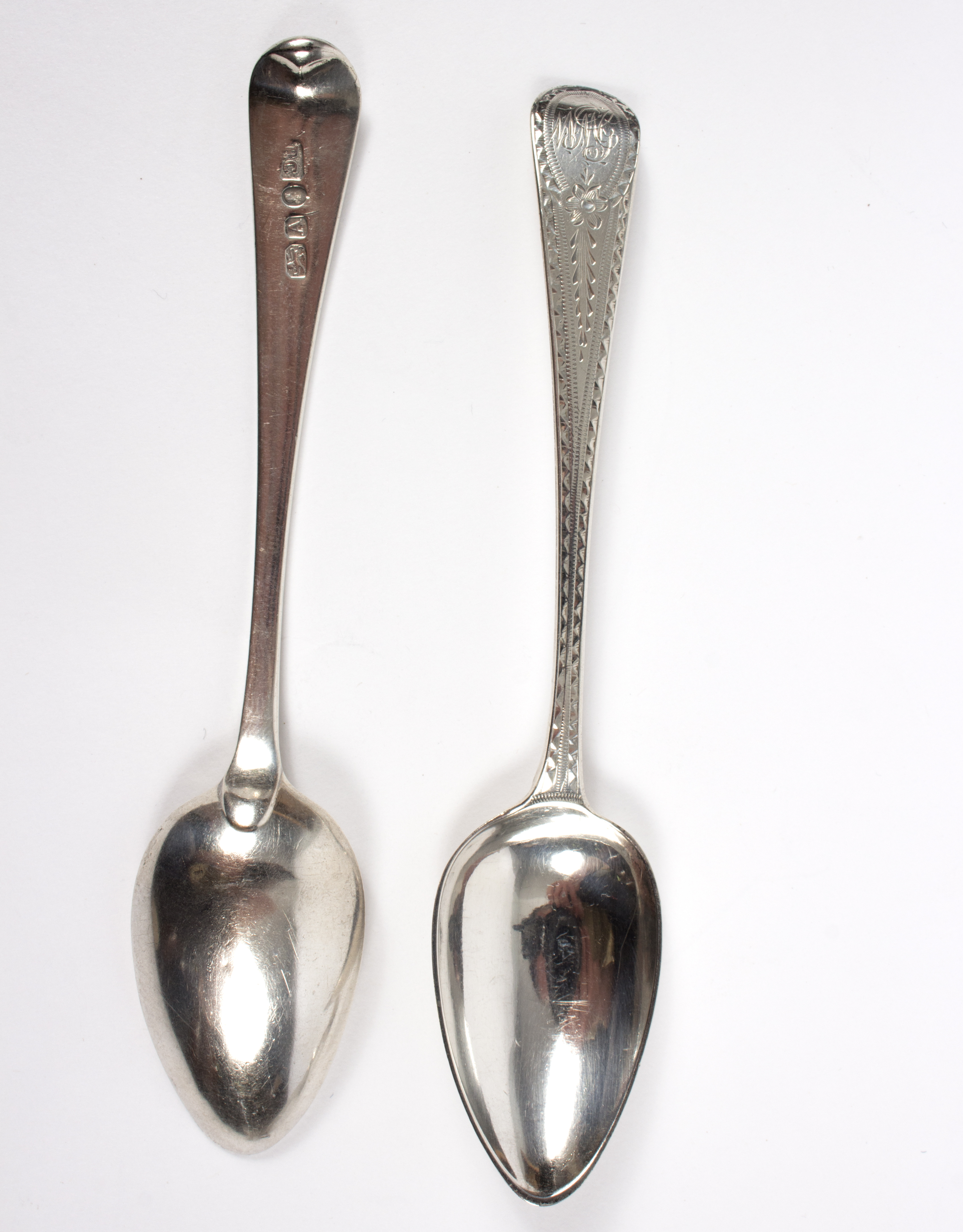 Six bright cut silver tea spoons, London 1796, two more and a plated sifting spoon, - Image 2 of 2