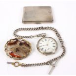 A silver pocket watch and chain, John Walker, 68 Cornhill, a silver cigarette case,