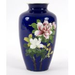 A Japanese blue ground cloisonne vase decorated roses,