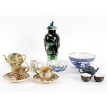 A group of Oriental porcelain and pottery to include two Satsuma coffee cups and saucers,