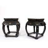 A pair of Japanese low tables, incised all over flowers, foliage and birds,