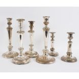 Three pairs of plated candlesticks
