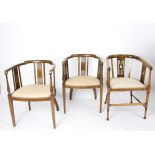 Three Edwardian mahogany tub shaped chairs inlaid boxwood stringing,