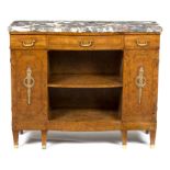 A French yew wood cabinet with marble top, the frieze fitted three drawers with shelves beneath,