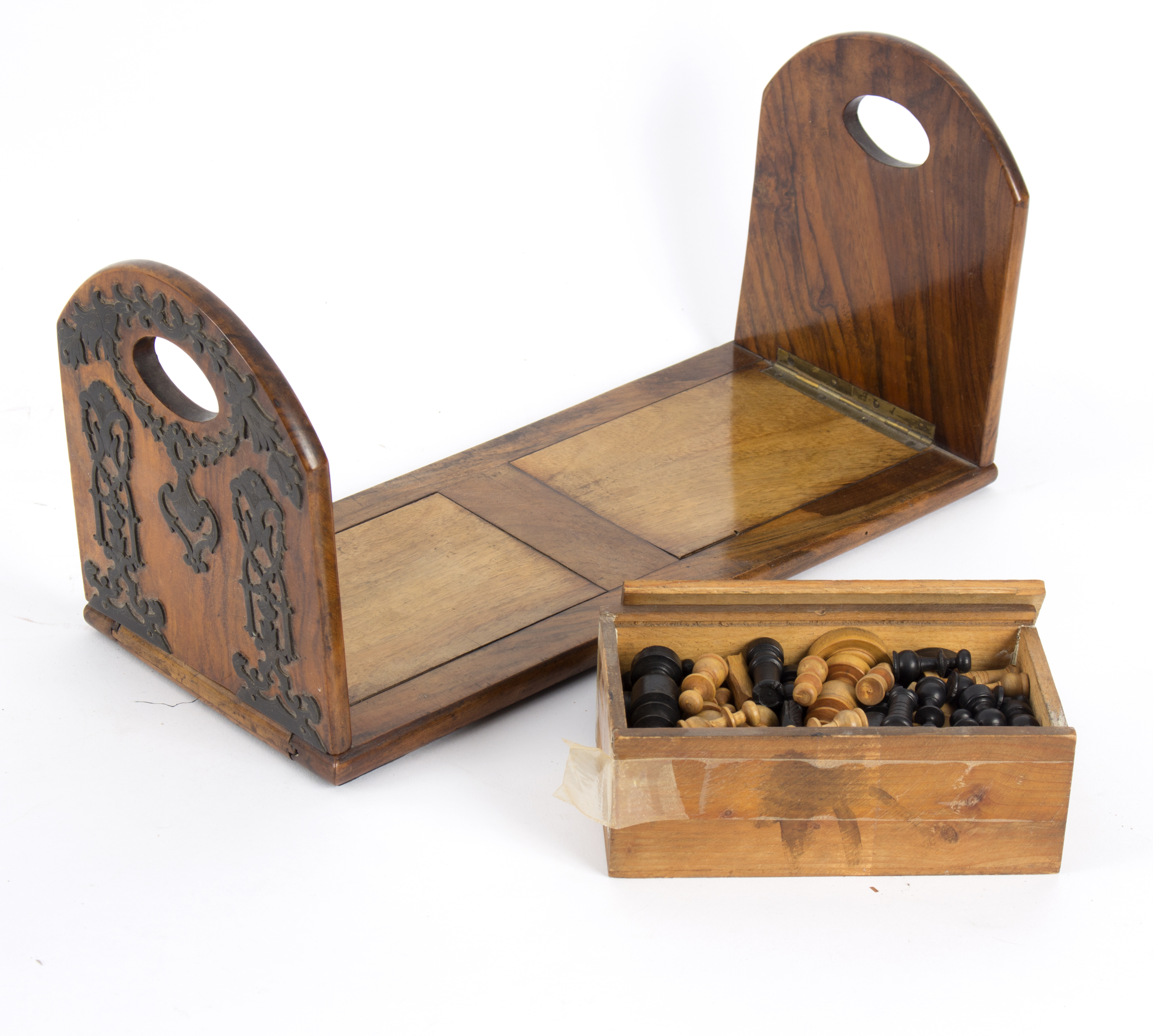 A turned wood chess set and a Victorian walnut book slide