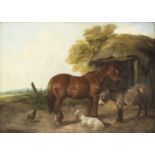 19th Century English School/Mare, Donkey and Goat beside a Barn/oil on canvas,