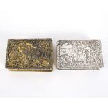 A Chinese export silver gilt snuff box, decorated a street scene to the cover, a hunt beneath,