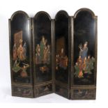 A Chinese four panel three-fold screen, each panel incised and painted figures, actors,