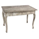 A French painted table fitted a single drawer on square section serpentine legs,