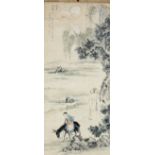 Wang Xiaomei/A man leading a donkey along a path/ink and watercolour on hanging scroll,