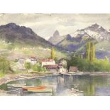 Isobel B Badcock/Montreux, Boats on a Lake in a Mountainous Landscape, watercolour, 24.