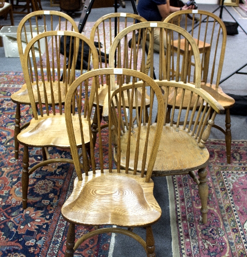 Six stick back chairs with elm seats,