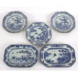 Three blue and white Chinese export octagonal plates and two similar rectangular dishes