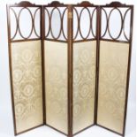 An early 20th Century four-panel folding screen with oval glazed bar top panel and material panels