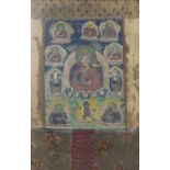 A Tibetan thanka, with central deity surrounded by numerous small figures, framed,