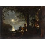 19th Century Italian School/The Serenade/youth on a moonlit balcony with young woman enquiring from