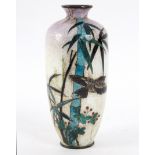 A Japanese ginbari cloisonne vase, of opalescent light enamels decorated a palm tree and a bird,
