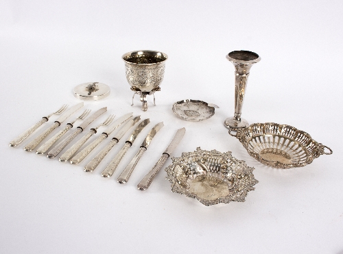 A small group of silver to include two pierced bonbon dishes, an ashtray, a spill vase,