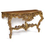 An 18th Century style console table, the satinwood top inlaid acanthus,