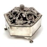 A silver pot pourri, London 1906, of hexagonal form,