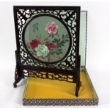 A Chinese Suzhou embroidered screen, within a hardwood frame and stand,