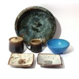 Janet Leach, St Ives pottery, a pair of square dishes, wax resist decoration, impressed seal marks,