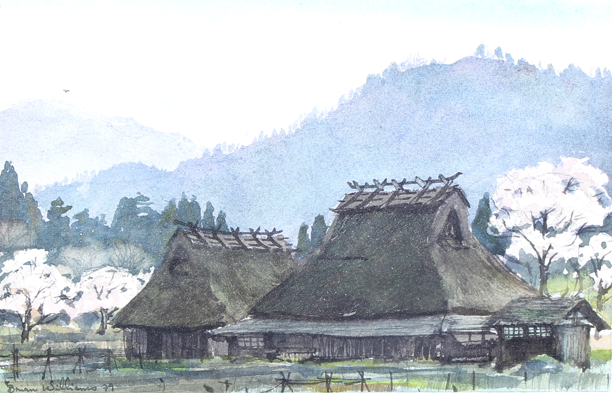 Brian Williams (American, born 1950)/Japanese Thatched Houses/watercolour, 14.5cm x 22.