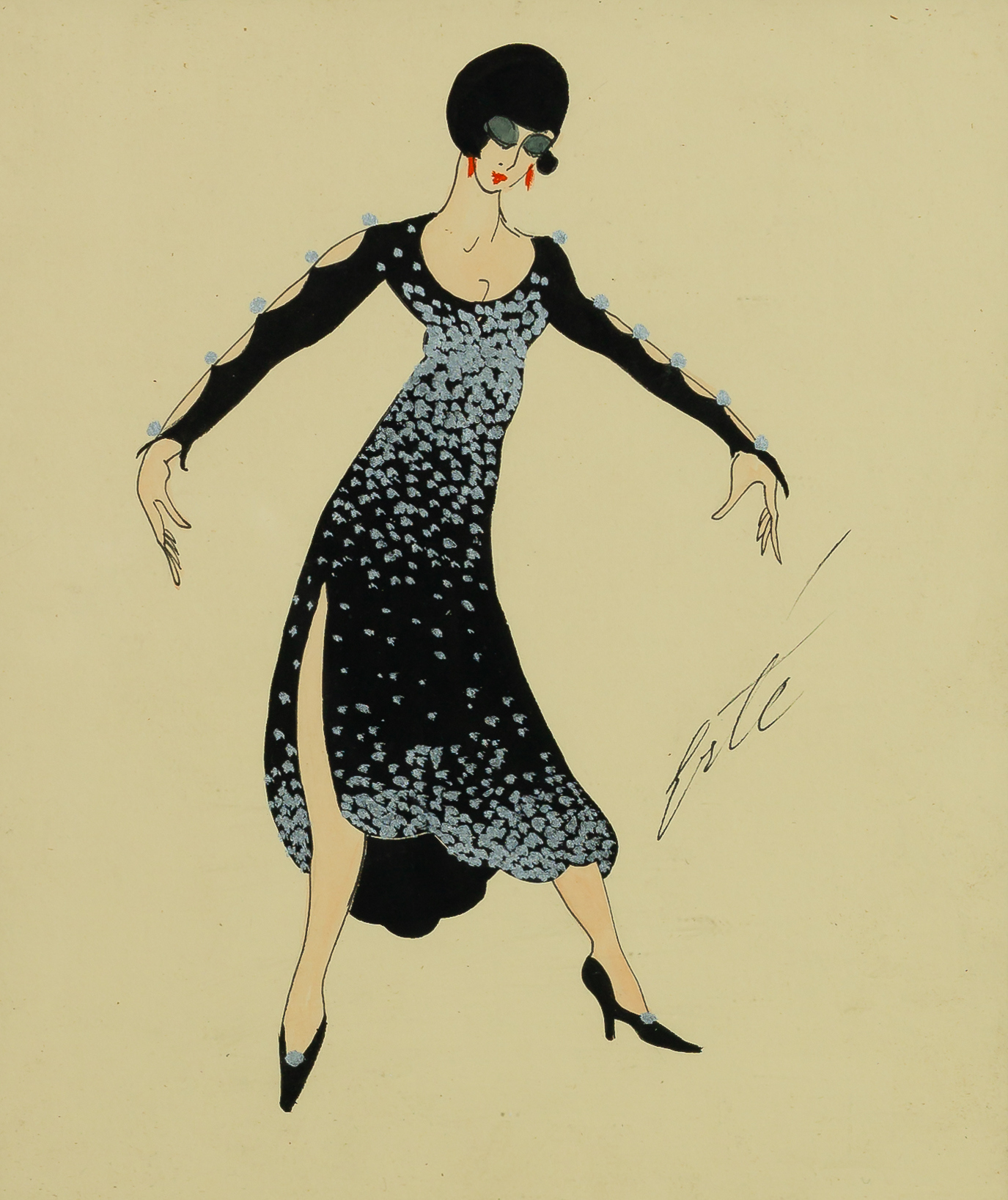 Erte (Russian/French 1892-1990)/Girl in Black and Silver Dress/signed/gouache, 24cm x 20.