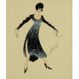 Erte (Russian/French 1892-1990)/Girl in Black and Silver Dress/signed/gouache, 24cm x 20.