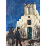 20th Century School/Figures and Cat by a Greek Church/initialled lower right SW/acrylic on board,