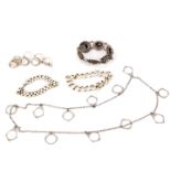 Four various silver bracelets and a white metal neck chain