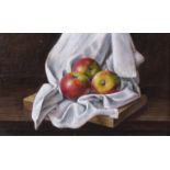 Tony Barrs (British, 20th Century)/Still Life with Apples/oil on canvas board, 12.