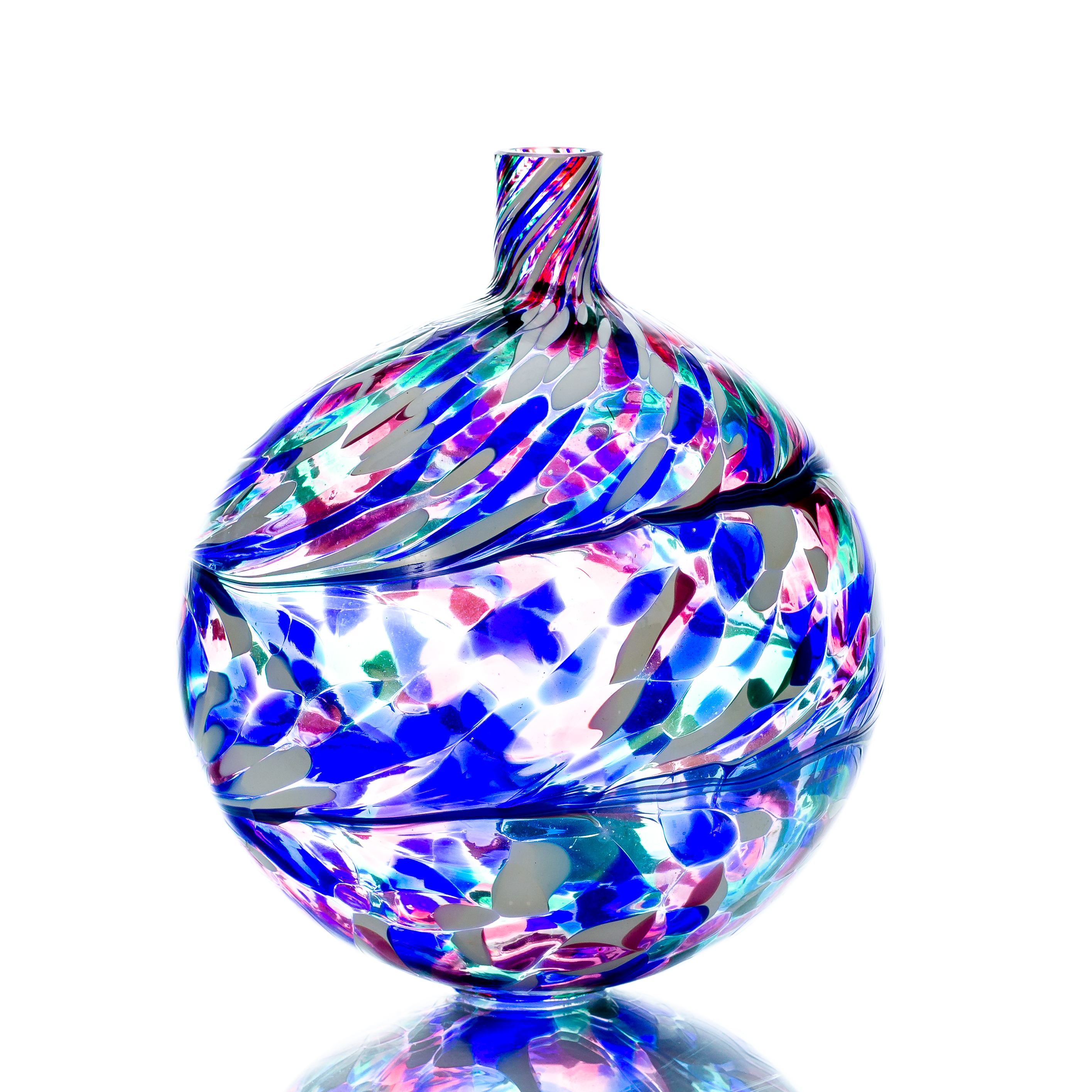 A large multi-coloured Nailsea-type glass bauble,