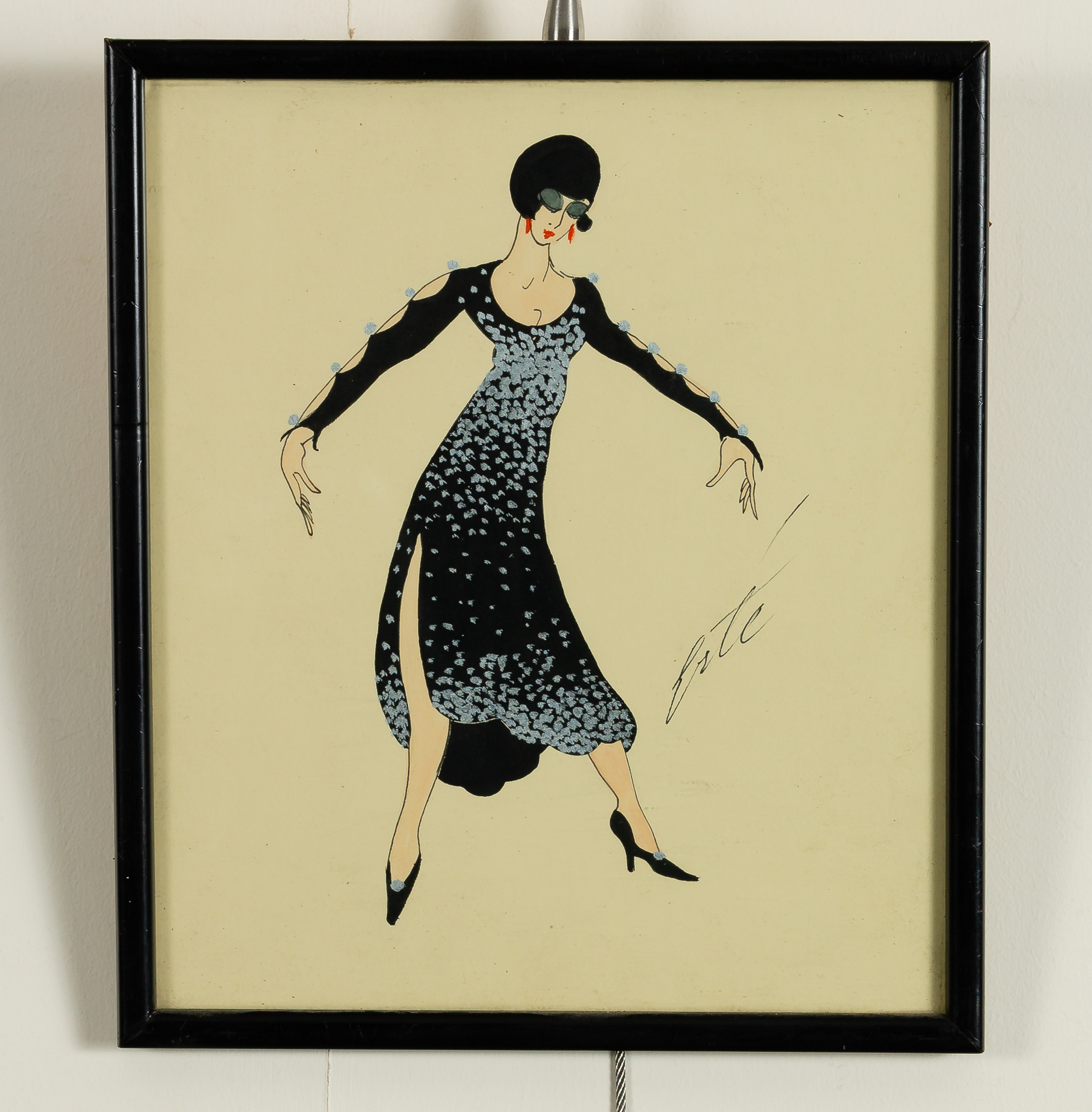 Erte (Russian/French 1892-1990)/Girl in Black and Silver Dress/signed/gouache, 24cm x 20. - Image 2 of 2