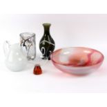 Fleur Tookey (Contemporary), a shallow opaque glass bowl trailed in white and cerise, 32.