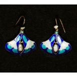 A pair of Art Nouveau enamelled earrings, of stylised ginkgo leaf form,