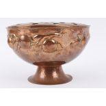 A Newlyn Arts & Crafts copper rosebowl, the bowl with embossed decoration of stylised apples,