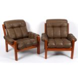 A pair of teak and leather armchairs, Scandinavian,