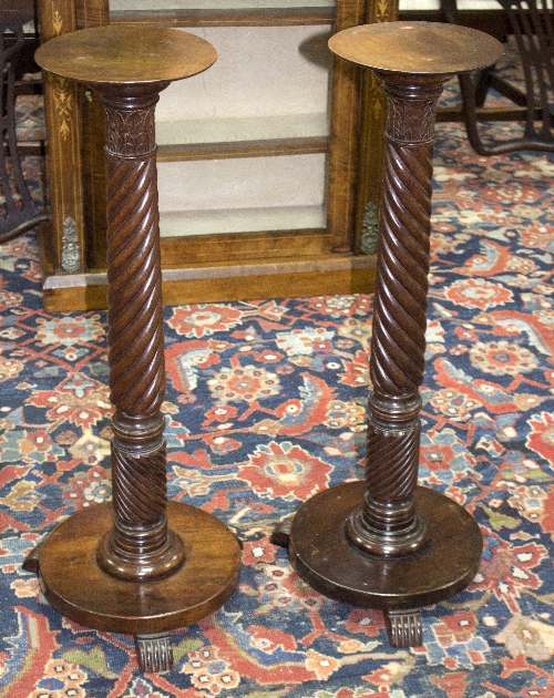 A pair of Regency mahogany torchères, each with spiral carved column, circular base, on three feet, - Image 2 of 4