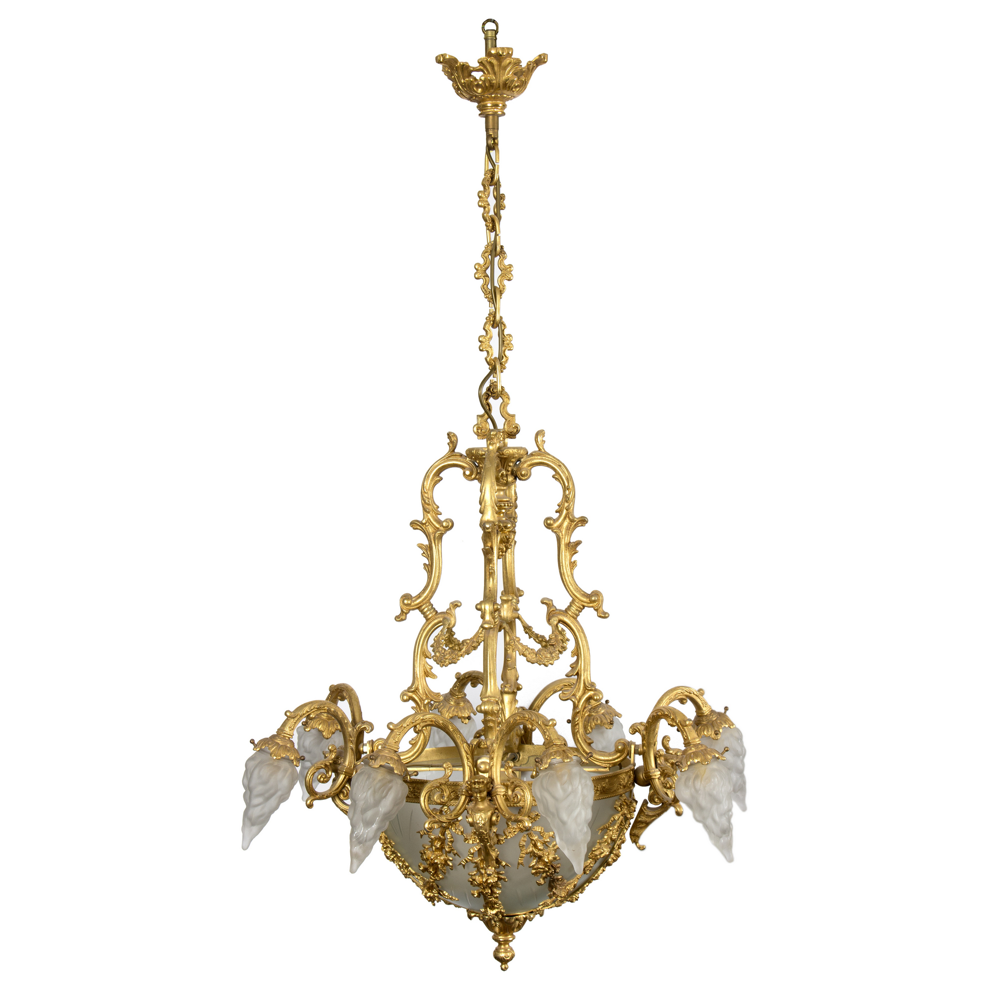 A gilt metal and frosted glass pendant light,