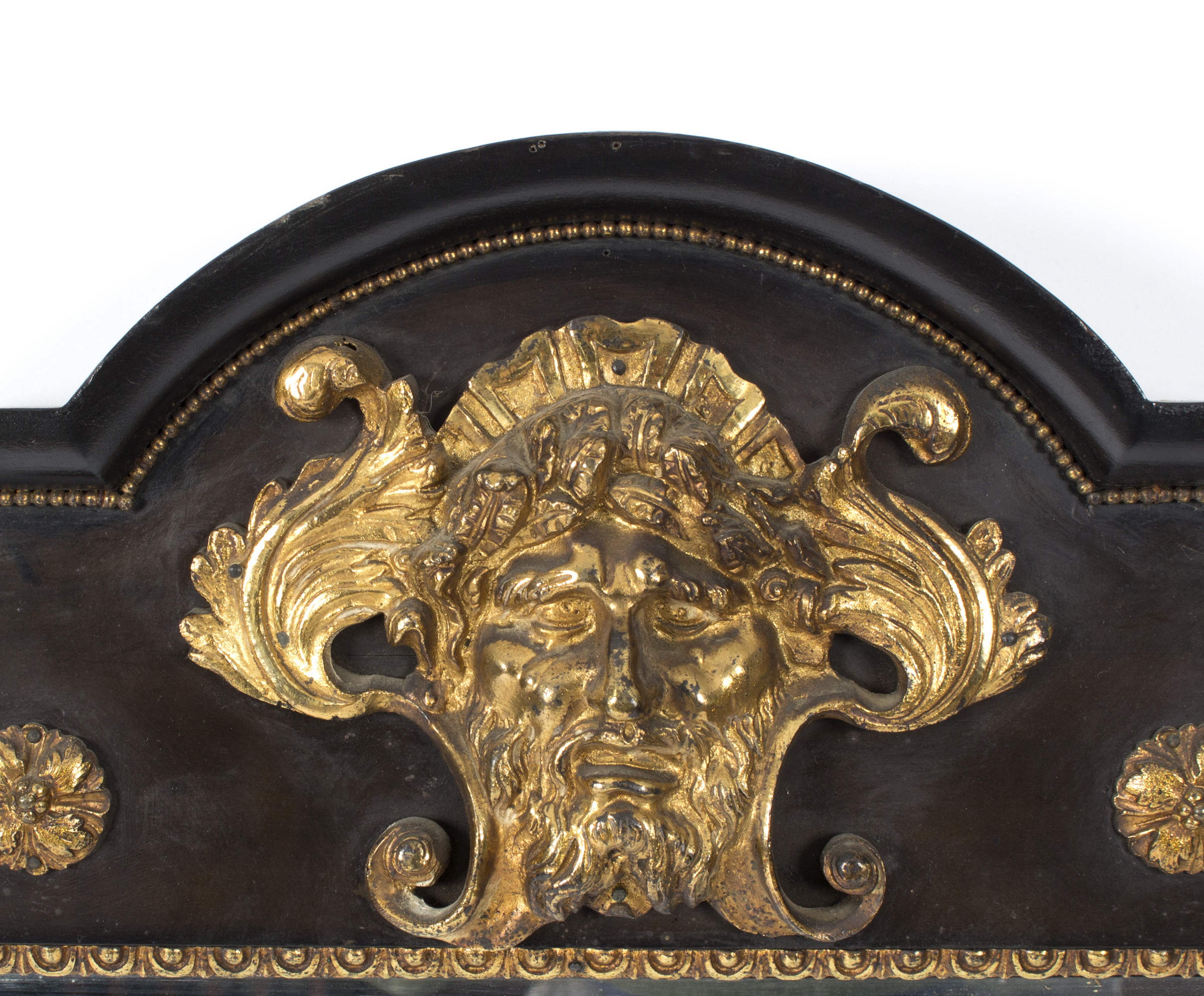 A late Victorian ebonised and gilt metal mounted overmantel mirror with central mask head applied - Image 4 of 4