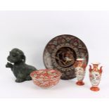 A cloisonné dish decorated a phoenix to the centre, 30cm diameter, a pair of Japanese vases, 15.