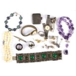 A small group of costume jewellery to include a Victorian silver whistle, a silver vesta case,