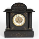 A Belgian black slate mantel clock in an architectural case,