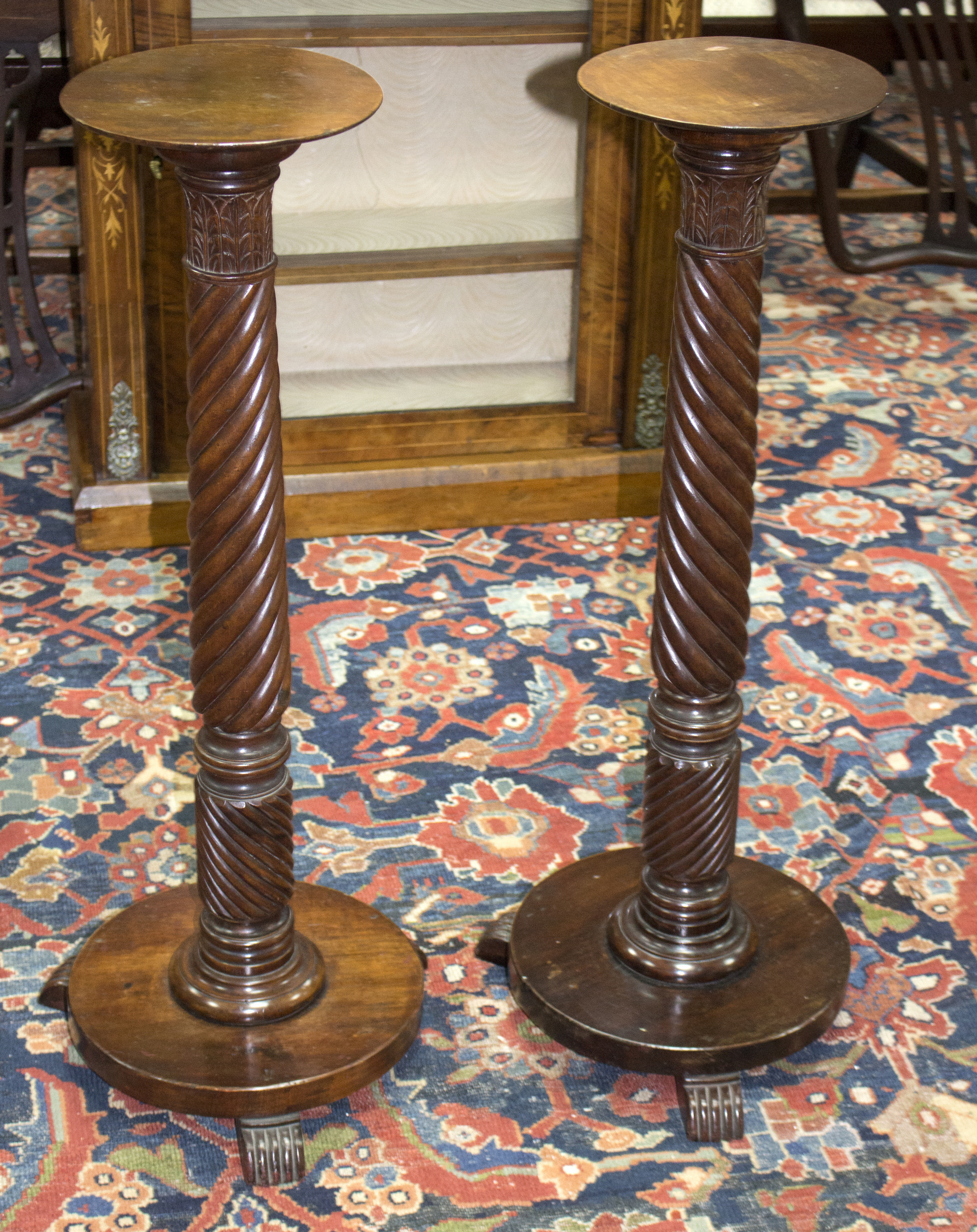 A pair of Regency mahogany torchères, each with spiral carved column, circular base, on three feet, - Image 4 of 4