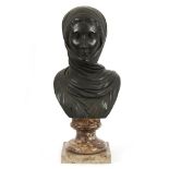An Italian patinated bronze bust of a woman, her head and neck clad in a shawl,