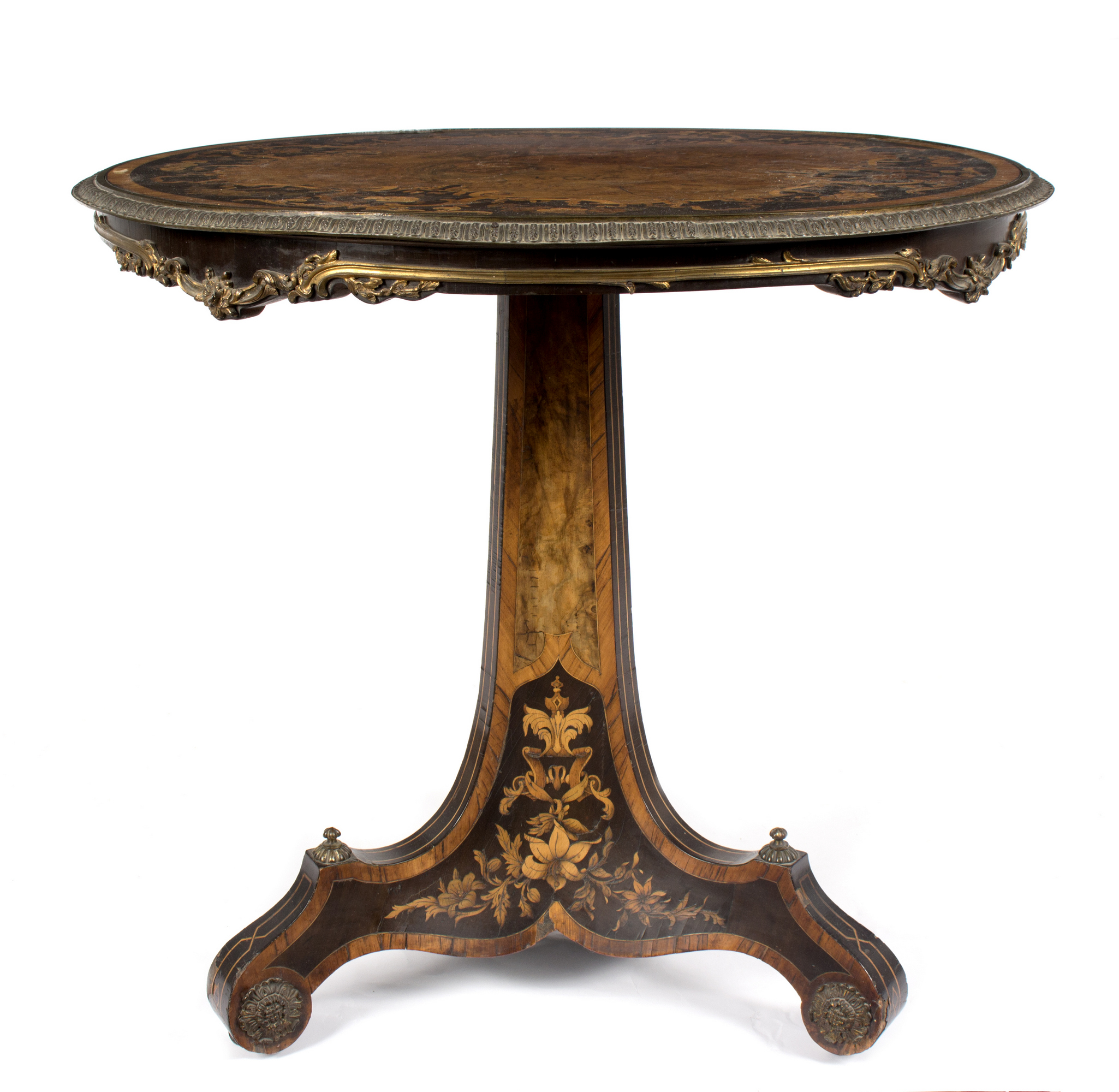 A Victorian burr walnut and marquetry circular table, in the manner of Robert Blake,