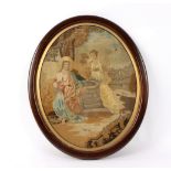 A 19th Century oval silkwork embroidery of Jesus and the Woman of Samaria at the Well, 46cm x 36cm,