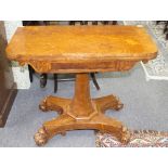A William IV burr elm card table, the frieze with carved bracket to the sides,