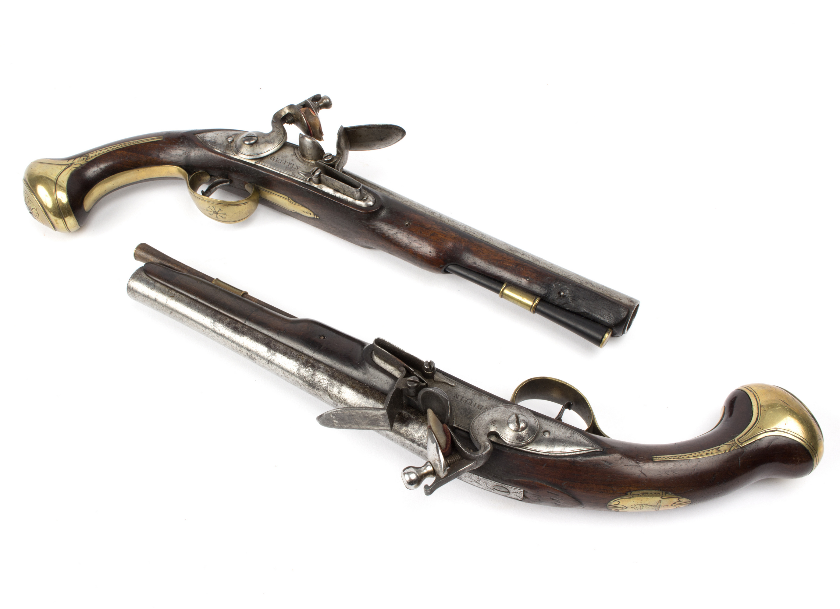 Two brass mounted flintlock pistols, Griffin, Bond St, London, - Bild 2 aus 6